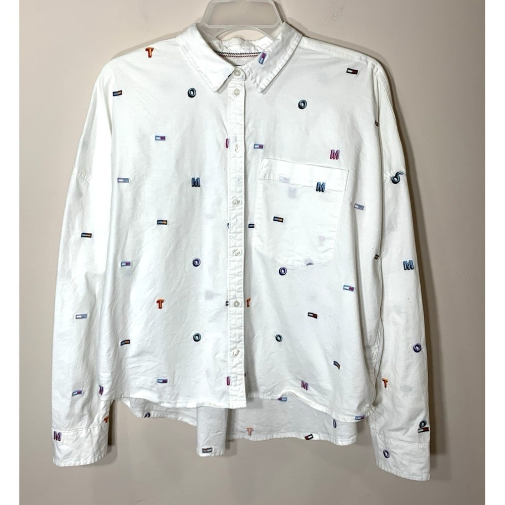 Tommy Jeans Shirt Womens M White Cotton Embroidered Logos Letters Stretch